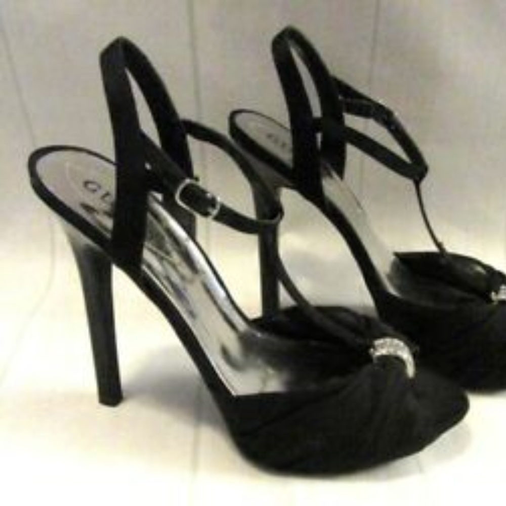 GUESS Calla Sz 10 Black Rhinestone T-Strap Peep To